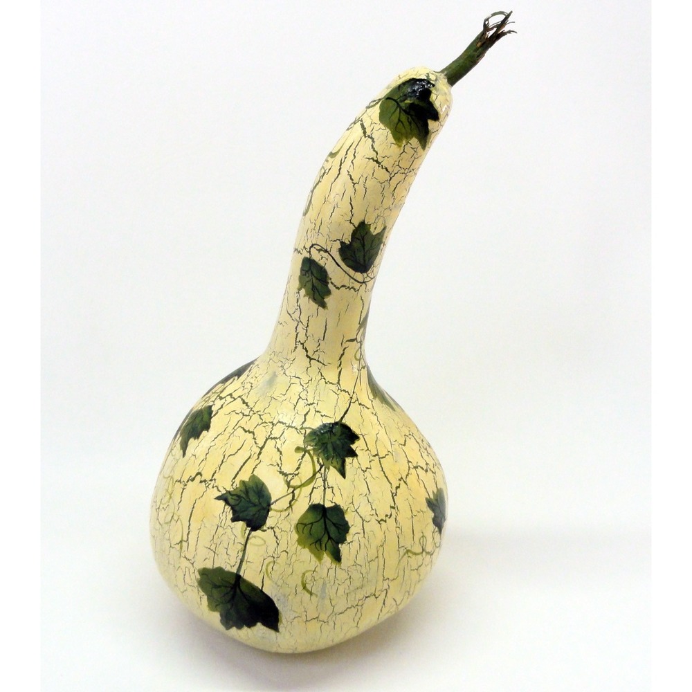 Hand Painted Dried Gourd Long Neck Crackle Finish Green Ivy Vine Decor Rattle - Picture 2 of 11